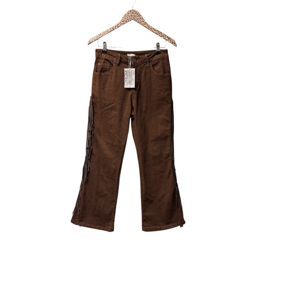 NEW Oyrosy Vintage Western Fringe Flared Jeans Brown Small - Picture 2 of 13